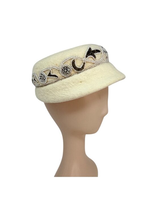 Jan Leslie Beaded Wool Hat Off White Designer‎ Cap 1990s main image 2